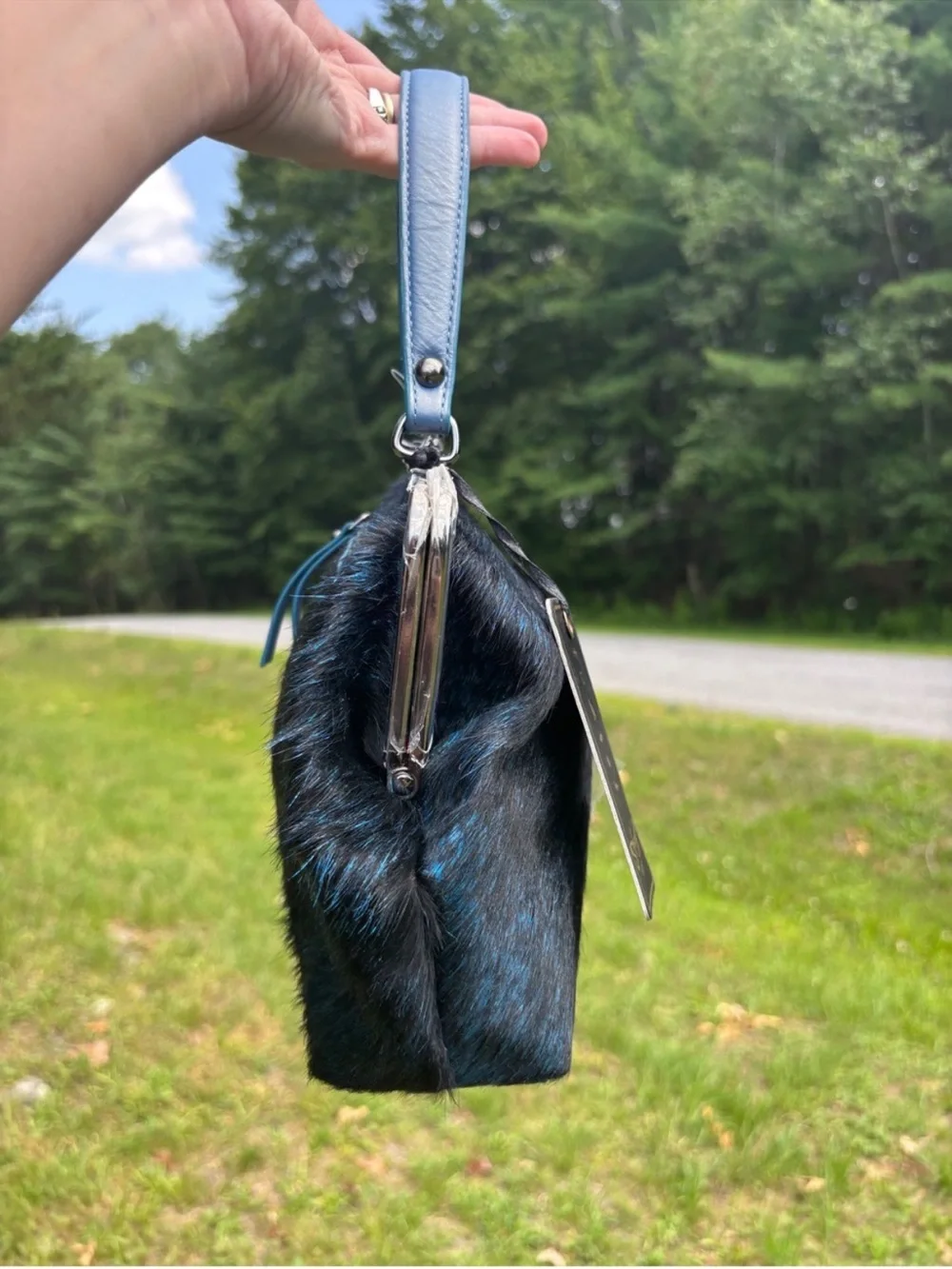 Sharif Frame Bag with kiss lock Navy Blue Faux Fur Women's Bag